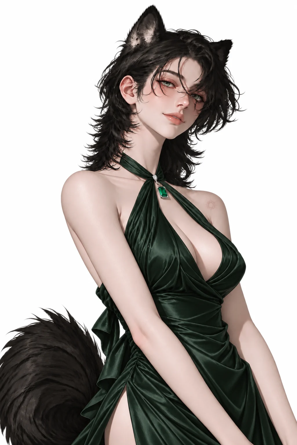 女方墨綠色禮服，戴祖母綠項鍊