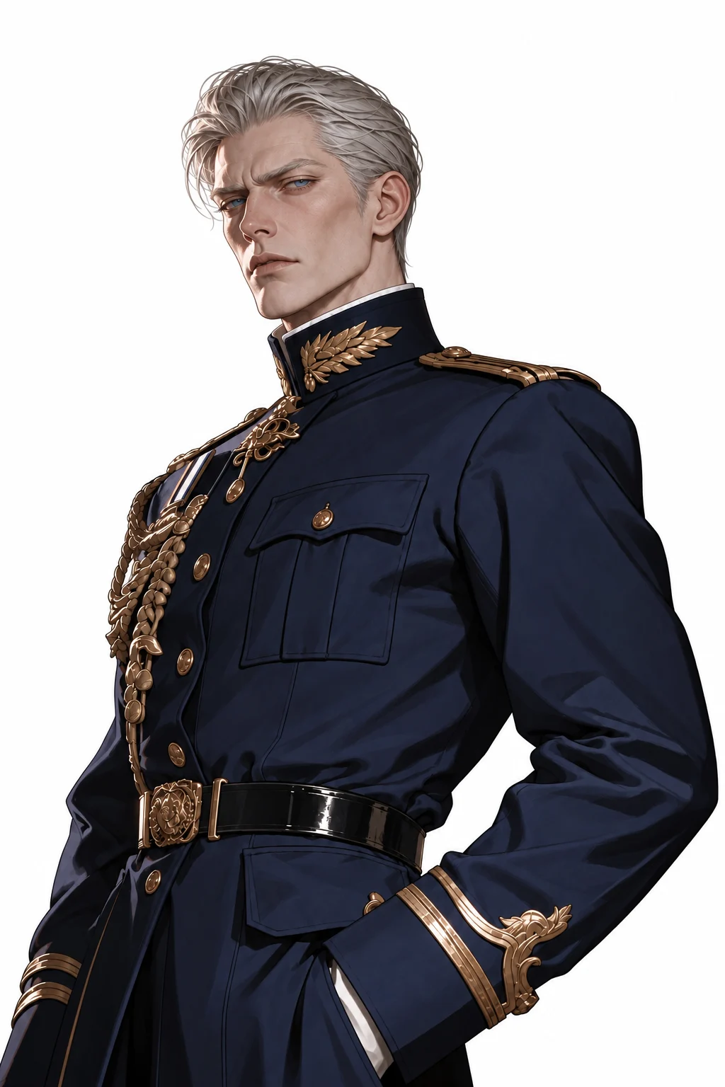 男方身穿深藍金飾軍裝
